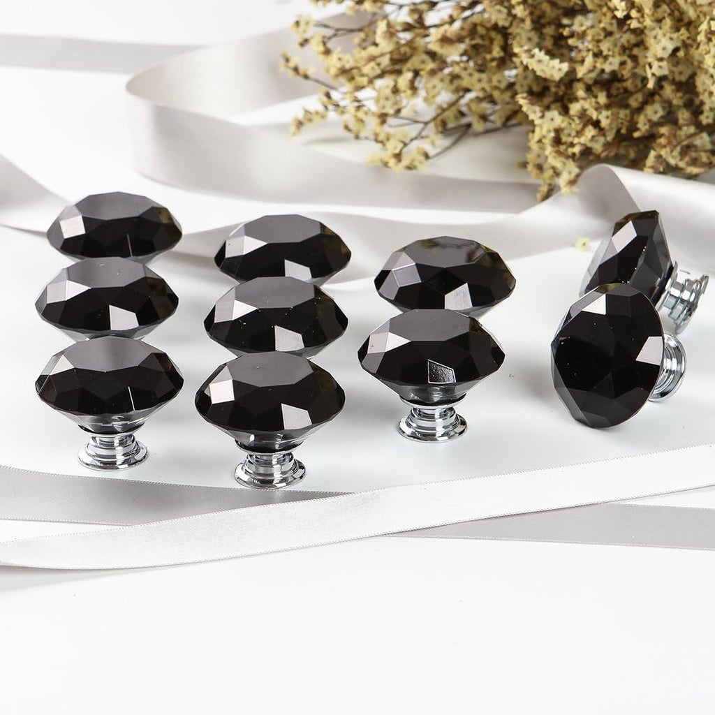 10 PCS Diamond Crystal Glass Pull Handle Cabinet Knobs Cupboard Drawers Cabinet Dresser Bookcase Wardrobe (40Mm, Black)