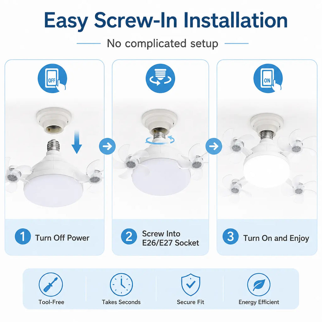 19.7-Inch Contemporary Screw-In Ceiling Fan with Light, Foldable 4-Blade E26 Base, Remote Control, Quiet Cooling, Cozy LED Lighting, Easy Installation for Bedroom, Garage