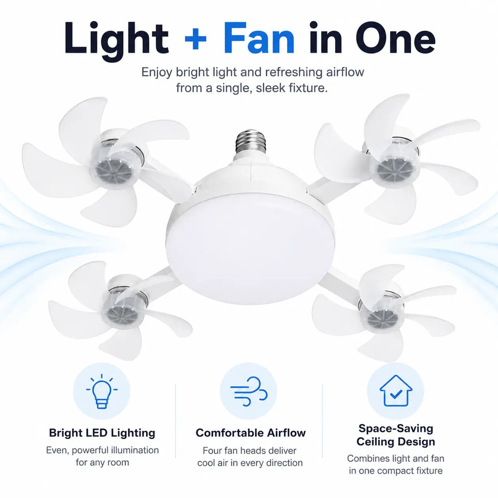 19.7-Inch Contemporary Screw-In Ceiling Fan with Light, Foldable 4-Blade E26 Base, Remote Control, Quiet Cooling, Cozy LED Lighting, Easy Installation for Bedroom, Garage