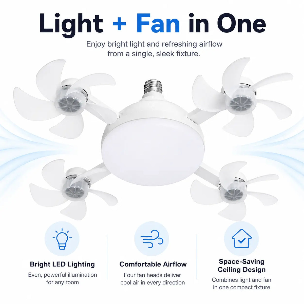 19.7-Inch Contemporary Screw-In Ceiling Fan with Light, Foldable 4-Blade E26 Base, Remote Control, Quiet Cooling, Cozy LED Lighting, Easy Installation for Bedroom, Garage